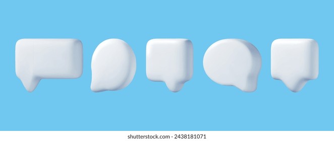 3D White Blank Speech Bubble Set Isolated on Blue. Render Collection of Chat Balloon Pin. Notification Shape Mockup. Communication, Web, Social Network Media, App Button. Realistic Vector Illustration