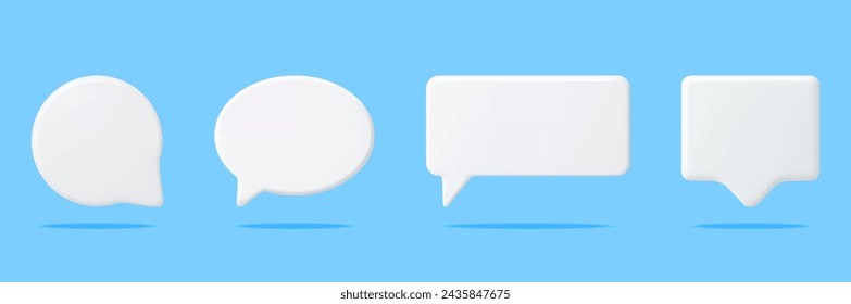 3D White Blank Speech Bubbles Set Isolated. Square and Round Rendering Chat Balloon Pin. Notification Shape Mockup. Communication, Web, Social Network Media, App Button. Realistic Vector Illustration