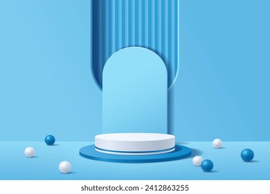 3D white and blue cylindrical pedestal podium with a backdrop of geometric abstract arched windows and a floor decorated with sphere round balls, Vector illustration