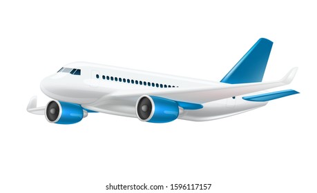 3D White And Blue  Glossy Commercial Jet Airplane Take Off. EPS10 Vector