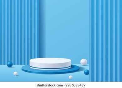 3D white and blue podium with blue abstract geometric shape style background, Stand show display product, Vector illustration