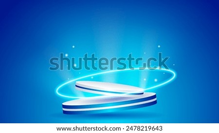 3d white blue podium background with neon light and particles. great for technology product display presentation