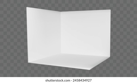 3d white booth stand corner room with wall and floor mockup. Empty display exhibition box interior template. Cube showroom presentation. Expo kiosk panel to exhibit or promotion. Conference stage area