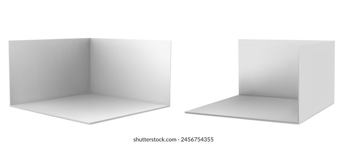 3d white booth stand room with wall for trade event mockup. Empty display corner with podium on floor mock up template. Blank presentation showroom interior set. Isolated exhibit advertising cube area