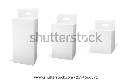 3d white box mockup for rectangle product. Blank carton medicine pack vector mock up. Cosmetic paper tab with hanger front and side view. Dummy packaging set of three for cream. Paperboard template