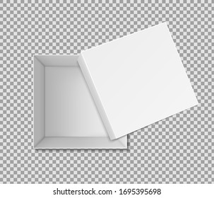 3d white box mockup with top, inside view. Open square package for gift. Realistic carton box with case on above. Unpacked wrapping box on isolated background. Cardboard container. Vector illustration