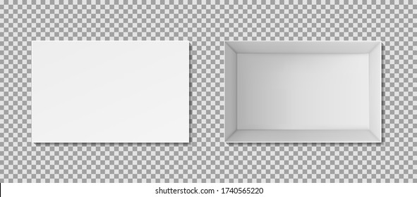 3d white box mockup with top, inside view. Open square package for gift. Realistic carton perspective pack on isolated background. Unpacking parcel of product with front view. Vector wrapping box