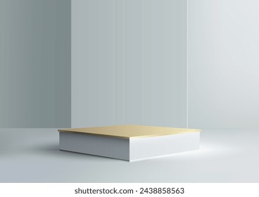 3D-weißes Box-Podium mit goldener Oberseite auf weißem Tisch vor weißem Wandhintergrund. Vektorgrafik