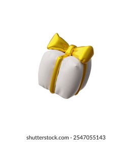 3D white box with yellow ribbon bow from an inflated balloon vector icon. 3d render festive surprise box isolated on white. Realistic volume holiday decoration. Birthday present congratulation