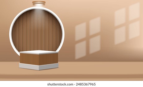3d white brown square podium with light and window shadow overlay for product display presentation