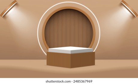 3d podio cuadrado marrón blanco con luz para presentación de productos