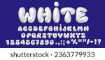 3D white bubble font in Y2K style. Vector isolated English alphabet letters and numbers. Perfect for winter, Christmas, and New Year design