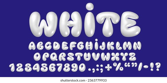 3D white bubble font in Y2K style. Vector isolated English alphabet letters and numbers. Perfect for winter, Christmas, and New Year design