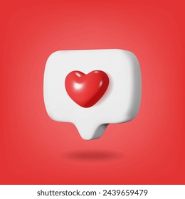 3D white bubble with red heart. Love emoji 3d icon. Like and play in white bubble icons. 3d render glossy plastic heart. Vector illustration.