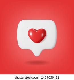 3D white bubble with red heart. Love emoji 3d icon. Like and play in white bubble icons. 3d render glossy plastic heart. Vector illustration.