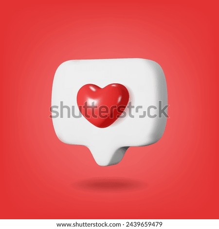 3D white bubble with red heart. Love emoji 3d icon. Like and play in white bubble icons. 3d render glossy plastic heart. Vector illustration.