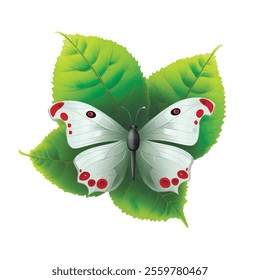 3d white butterfly on green leaves. Drawing surface isolated butterfly insect pattern illustration on white background. Decorative beautiful ornate vector design.