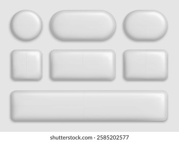 3d white buttons. Plastic rectangle and circle interface elements with realistic shadow. Blank glossy round, square and rectangular, rounded badges. Web shiny UI button vector set.