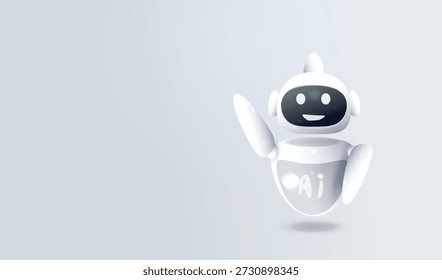 Fondo de personaje de Vector de chatbot AI amigable de dibujos animados 3D blanco. Robot asistente virtual para Asistencia al cliente y ayuda en línea. Concepto de tecnología no aislado sobre fondo gris.