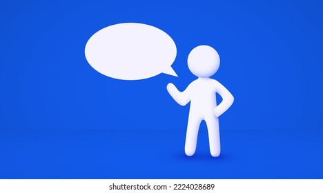3d white cartoon man with chat bubble. Communication concept. Isolated blue background. Vector illustration