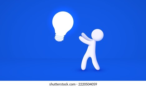 3d white cartoon man holding big light bulb. Idea concept. Isolated blue background. Vector illustration