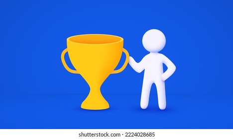 3d white cartoon man holding big golden trophy. Winner concept. Isolated blue background. Vector illustration