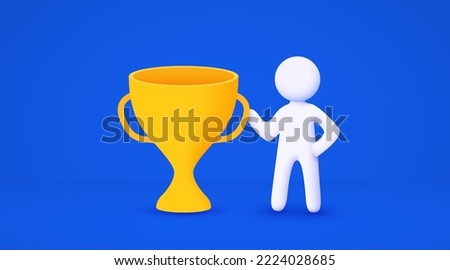 3d white cartoon man holding big golden trophy. Winner concept. Isolated blue background. Vector illustration