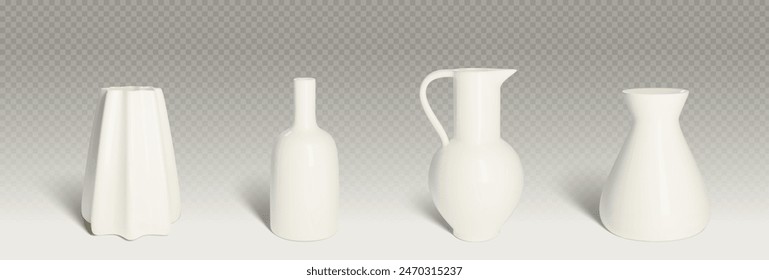 Jarrón de cerámica blanca 3d. Vector aislado de cerámica. Escultura de botella de vidrio para la colección de flores con sombra. Decoración de Galería de arte. Maceta de cilindro alto vacía. Tendencia realista de la urna de arcilla mínima