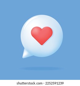 3d white Chat bubble with red heart. Love message, like notification, network client communication element. Social media bubble on blue background. Vector illustration.