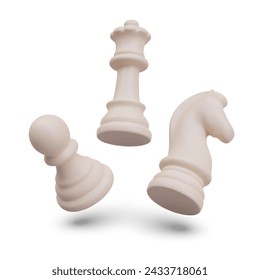 3D white chess queen, pawn, knight in floating position. Vector template