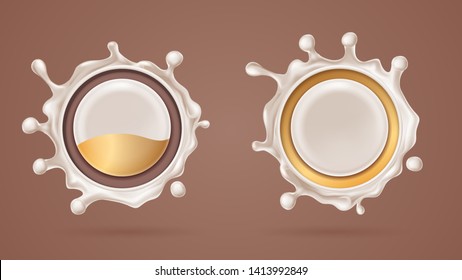 3d white chocolate splash with milk, milkshake melt choco splat or realistic coffee drop, paint stamp or liquid label design, fluid blot for dessert background design. Food and confectionery, stained