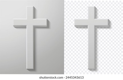 3D White Christian Cross Isolated on Backgrounds. Minimalistic 3D illustration of a white Christian cross, isolated on a transparent and gray background, symbolizing faith and religion. Vector