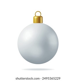 3D White Christmas Ball with Golden Clamp Isolated. Render Glass Christmas Tree Toy. Happy New Year Decoration. Merry Christmas Holiday. New Year and Xmas Celebration. Realistic Vector Illustration