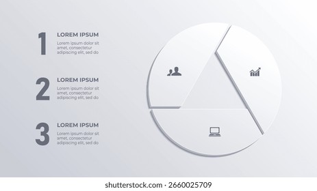 Infografía 3D White Circle con cronograma de negocios de 3 pasos para presentaciones Corporativas limpias