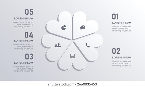 Infografía 3D White Circle con 5 pasos de línea de tiempo de negocios para presentaciones Corporativas limpias y de Profesional
