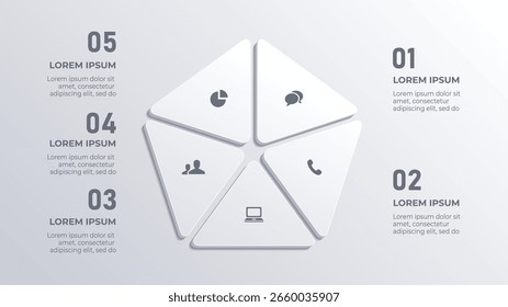 Infografía 3D White Circle con 5 pasos de línea de tiempo de negocios para presentaciones Corporativas limpias y de Profesional