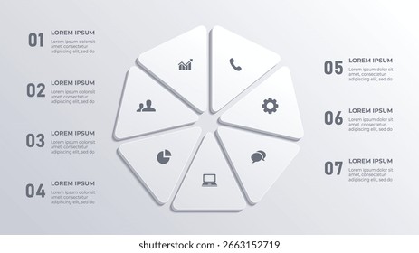 Infografía en círculo blanco 3D con 7 pasos para la línea de tiempo de negocios y el diseño de visualización de datos