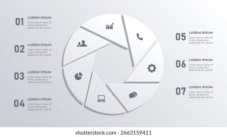 Infografía 3D de círculo blanco con 7 pasos para la línea de tiempo de negocios y la visualización estratégica de procesos
