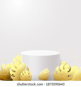 3D weißer Kreis Podium-Display und Gold Tropischen Pflanzen. Vektorgrafik