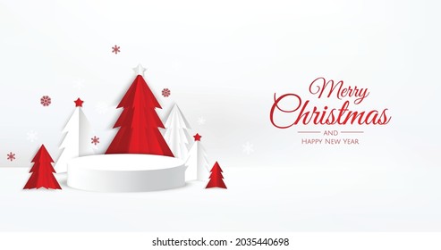 Pantalla de podio 3D de círculo blanco con árbol de Navidad en estilo de corte de papel. Fondo de vacaciones de invierno.