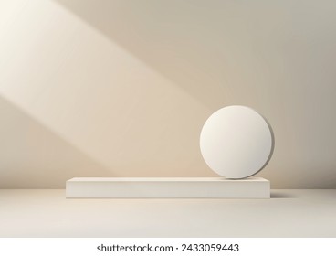 3D white circle sits on a beige shelf podium against a beige background with light beam, Product display. Vector illustration