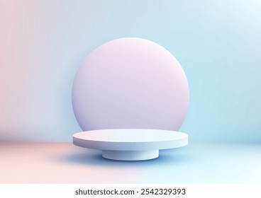 El pedestal circular blanco 3D se asienta sobre un piso azul y rosa pastel, sobre un fondo degradado. pantallas de productos o maquetas, ideales para marcas y salas de exposición