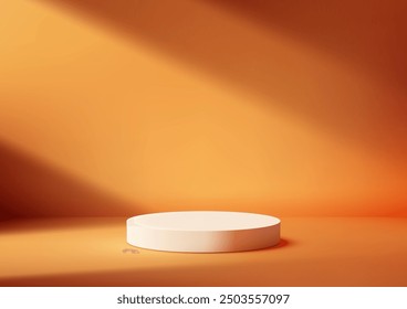 3D White Circular Podium with Lighting Against Orange Background for Minimalist Product Display and Elegant Mockup, Ideal for Showroom and Showcase