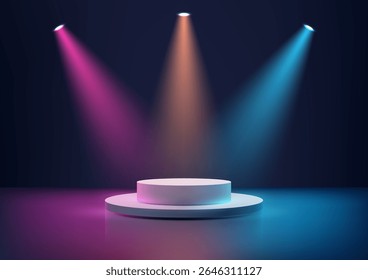 3D white circular podium on a dark reflective surface illuminated by pink orange and blue spotlights, product display, mockup, or showroom entertainment presentations in a modern