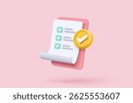 3d white clipboard task management todo check list with bubble, efficient work on project plan, fast progress, level up concept, assignment and exam checklist icon. 3d vector render on pink background