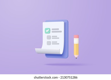 3d white clipboard task management todo check list with pencil, efficient work on project plan, progress level up concept, assignment and exam checklist icon. 3d vector render on purple background