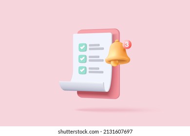 3d white clipboard task management todo check list with notification bell icon, efficient work on project plan alarm concept, alert for todo checklist. 3d vector clipboard render on pink background