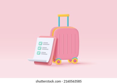 3d White Clipboard Task Management Todo Check List With Suitcase On Background. Checklist Icon With Mark For Travel Holiday Planning, Summer Vacation Concept. 3d Suitcase Vector Render Illustration