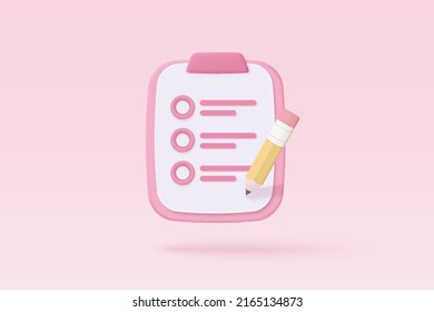 3d white clipboard task management todo check list with pencil, efficient work on project plan, fast progress, level up concept, assignment and exam checklist icon. 3d vector render on pink background