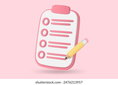 3d white clipboard task management todo check list with pencil, fast work on project plan, efficient work on project plan, fast progress, level up concept, assignment and exam checklist icon.